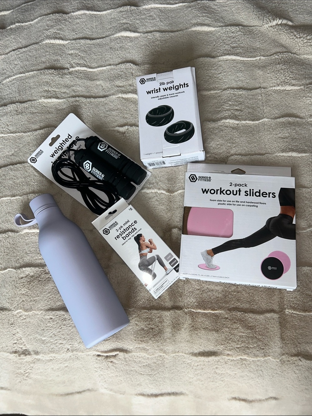 Workout Gear Set with Lavender Water Bottle and Pink Sliders